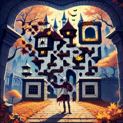 Zombie at Autumn Castle Cartoon QR Code for Posters