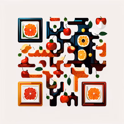 Векторный QR-код с цитрусами, яблоками и вишней для упаковки — изображение 1