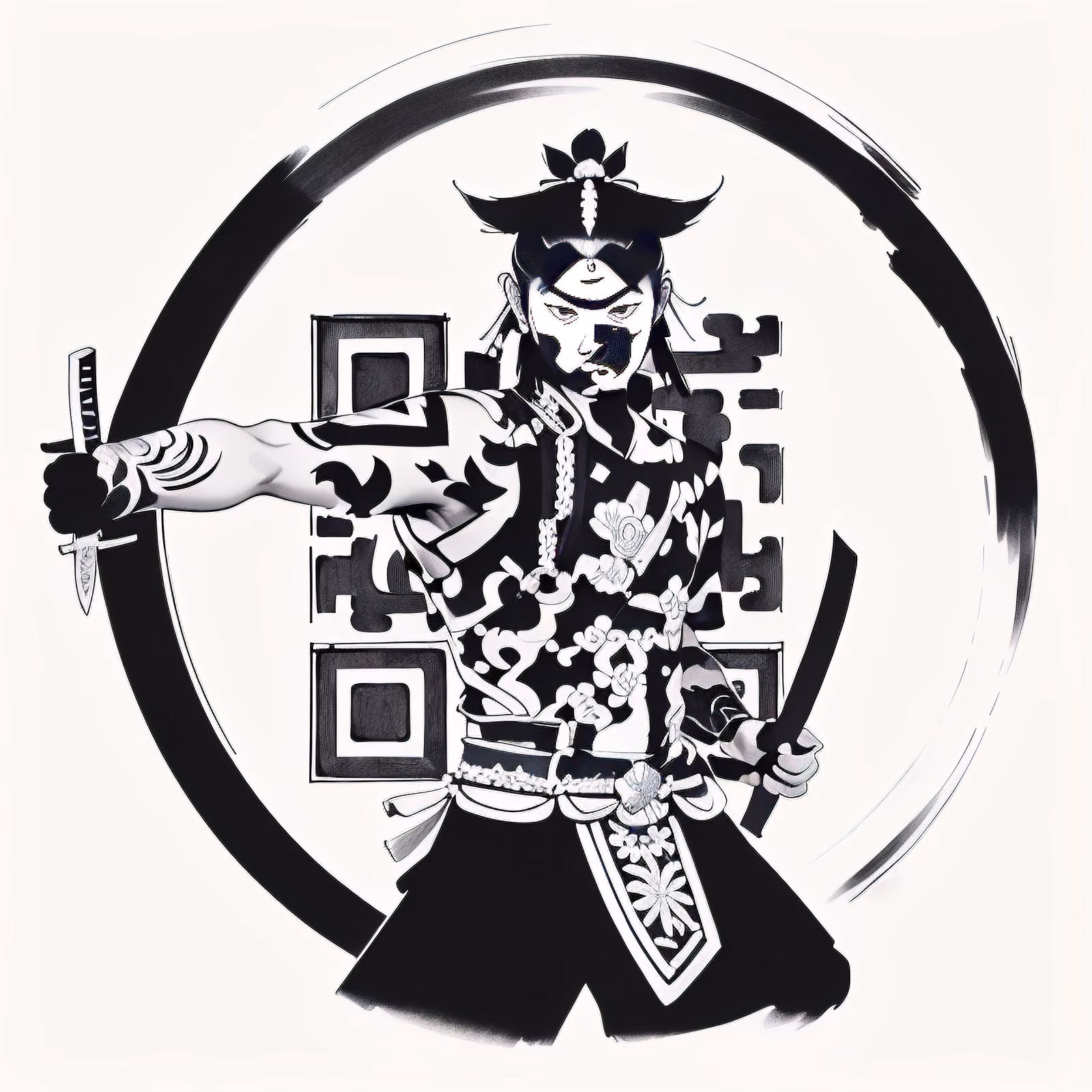 QR-код с самураем в татуировках в стиле туши для временных тату — изображение 1