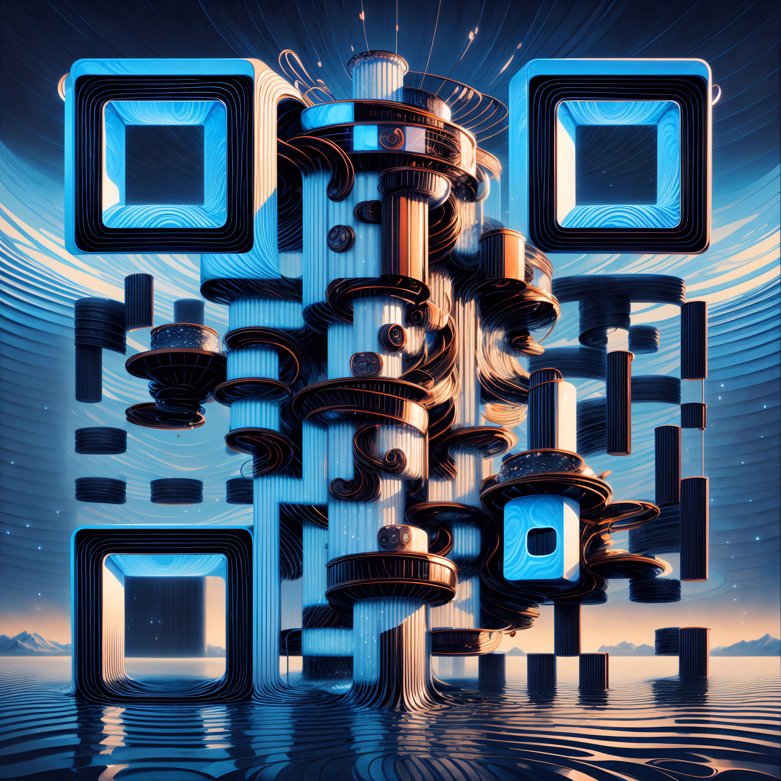 Futuristic Liquid Metal Tower 3D QR Code for Posters — image 1