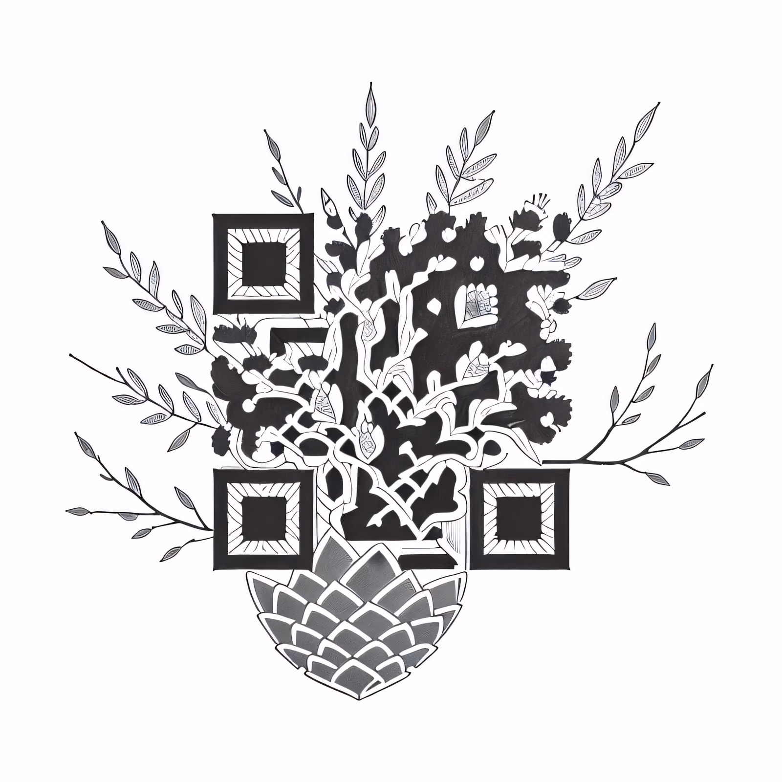 Pine Cone Branches Ink Tattoo QR Code for Temporary Tattoos — image 1