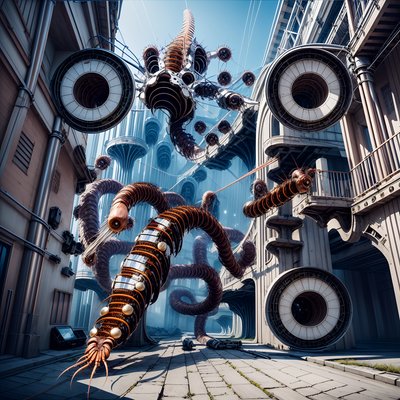 Mechanical Centipede City 3D Surreal QR Code Art