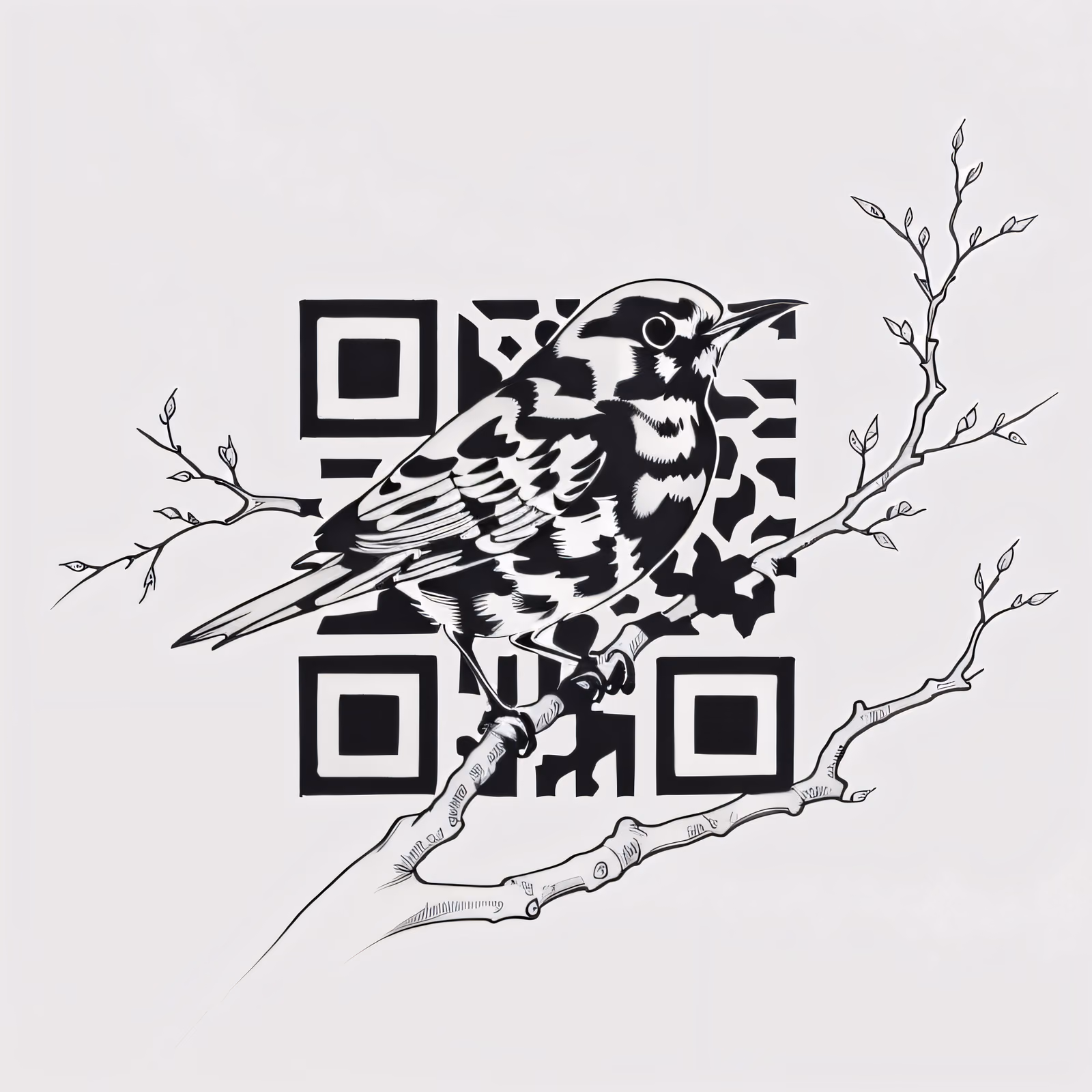 枝头小鸟墨线纹身风二维码艺术,适用于临时纹身 — 图片 1