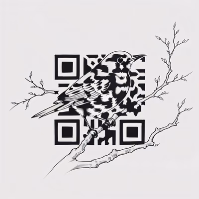 枝头小鸟墨线纹身风二维码艺术,适用于临时纹身 — 图片 1