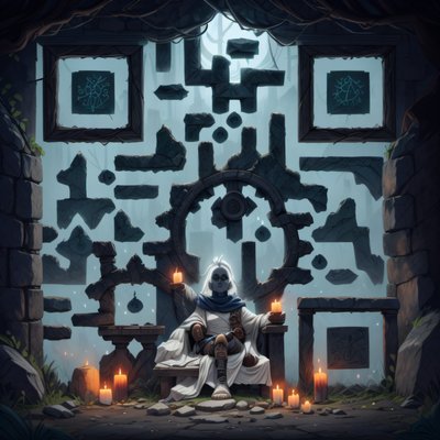 Мумия на троне: жутковатая иллюстрация с QR-кодом для постеров