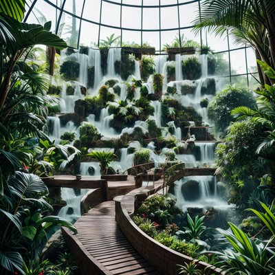 Tropical Greenhouse Waterfall Photorealistic QR Code Art