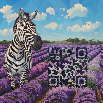 Зебра на лавандовом поле, живопись, QR-код