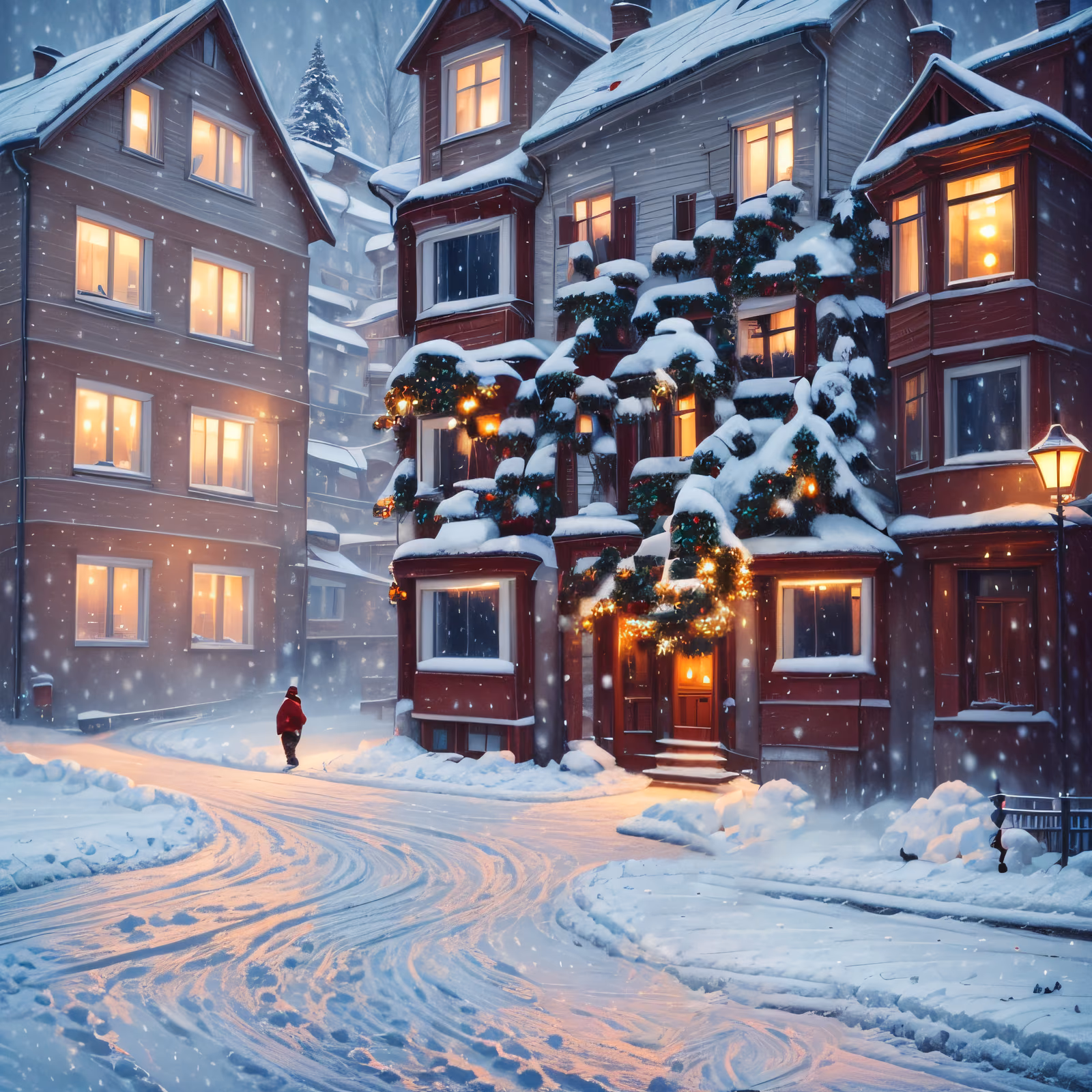 Snowy Christmas Street Digital Painting Building QR Code for Greeting Cards — image 1