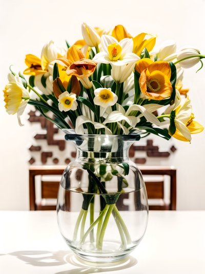 Daffodil Bouquet Glass Vase Photo QR Code Art