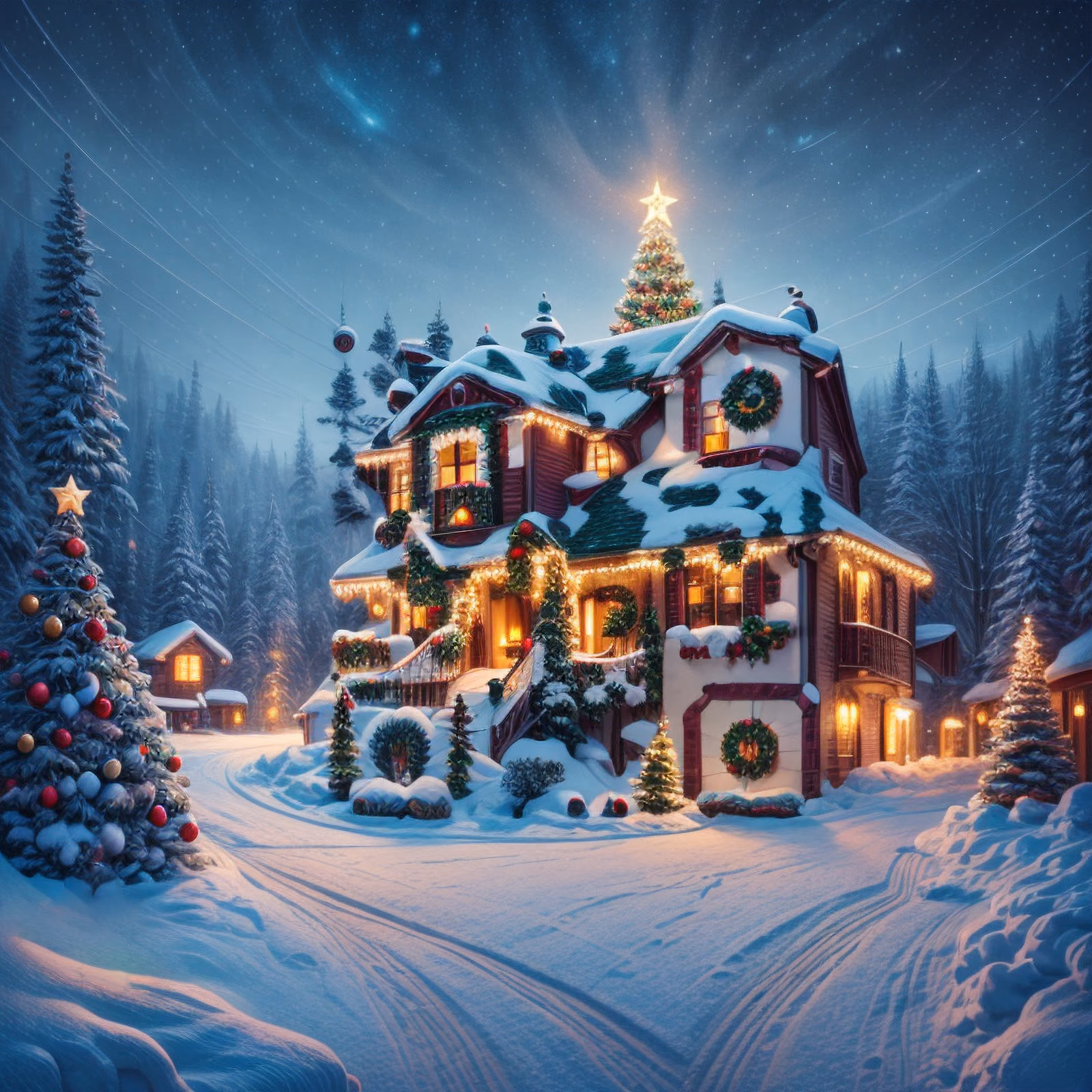 Snowy Christmas House Digital Painting Forest QR Code for Greeting Cards — image 1