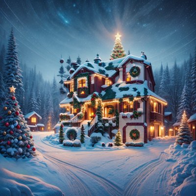Snowy Christmas House Digital Painting Forest QR Code for Greeting Cards