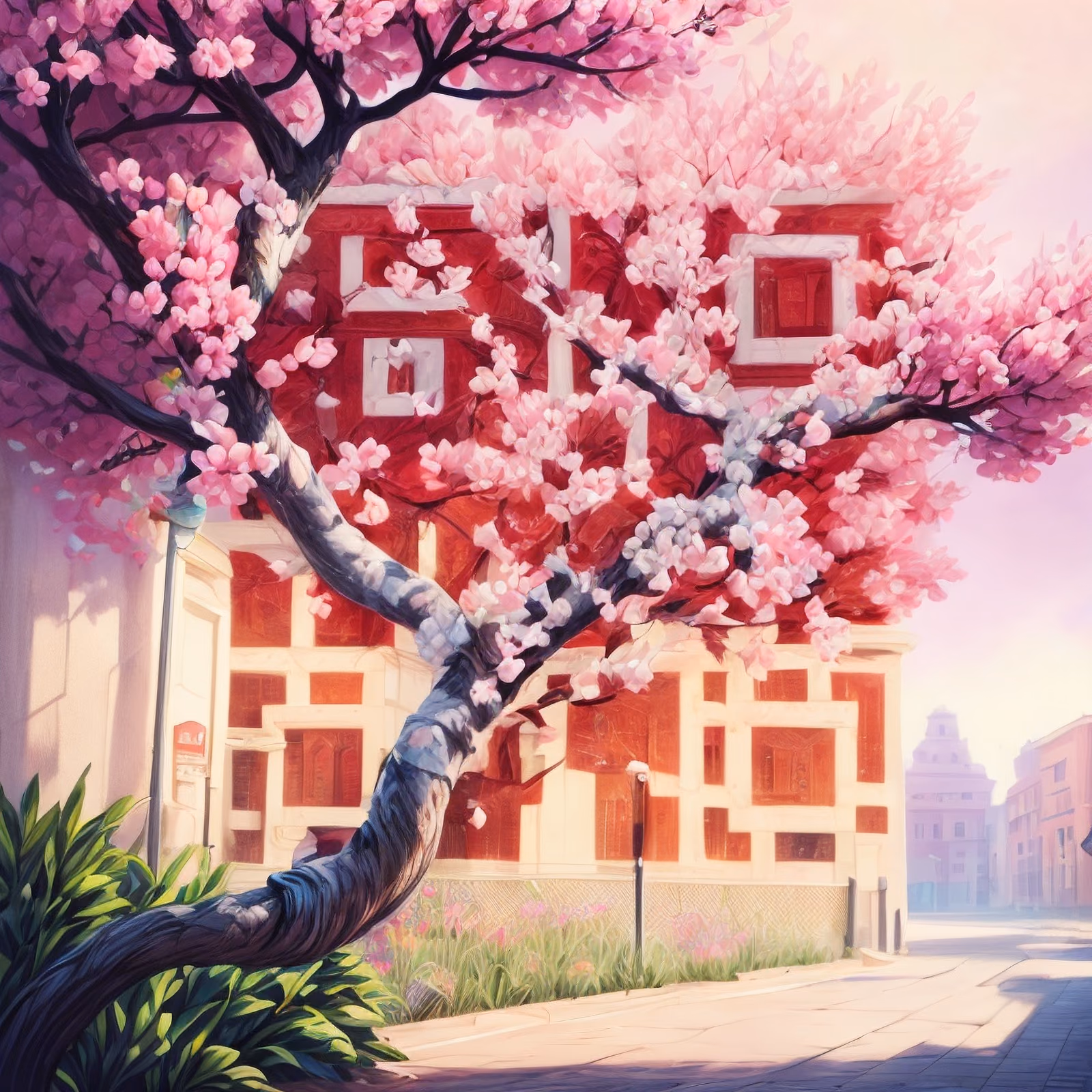 Cherry Blossom Street Digital Painting QR Code Art — image 1