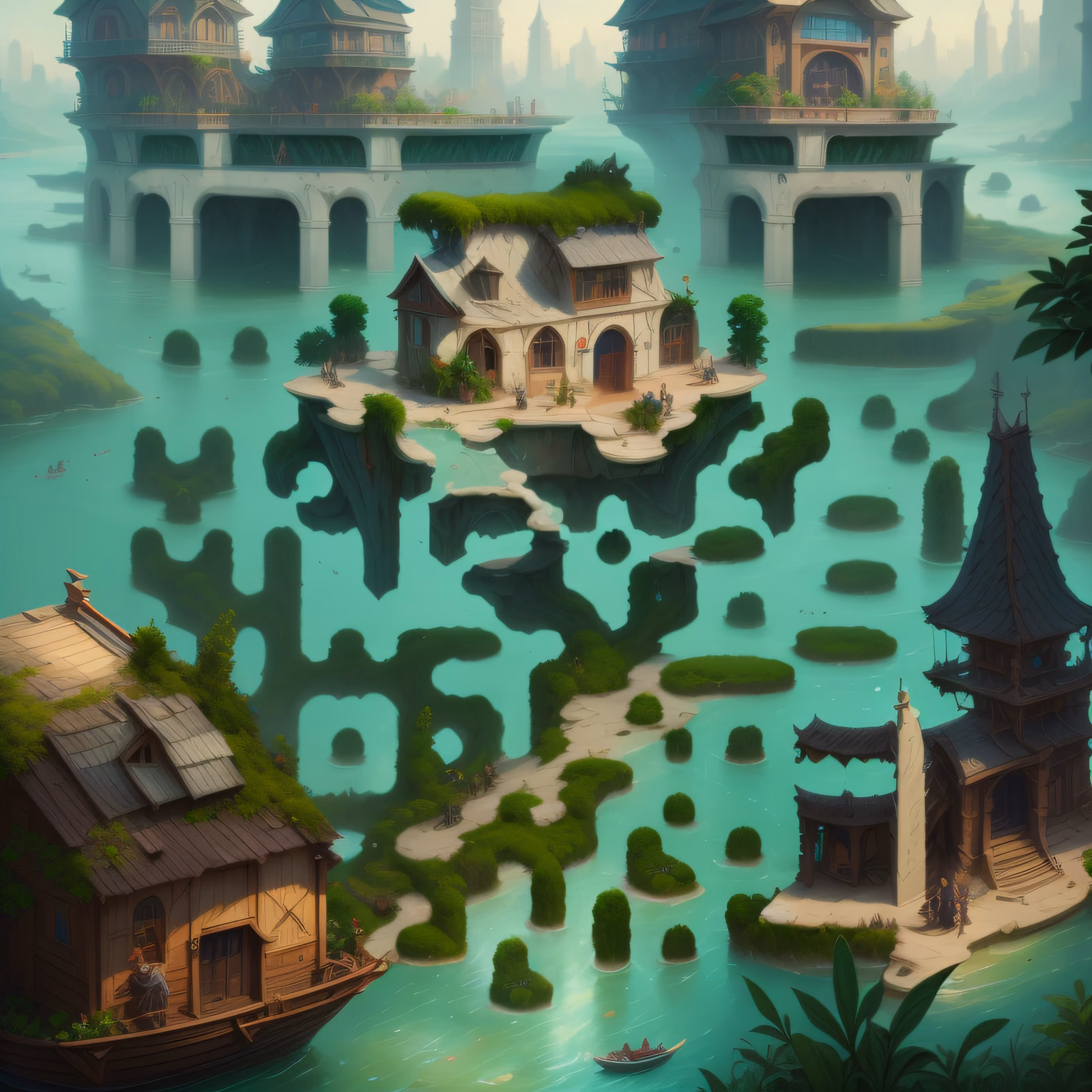 Flooded Fantasy Village Matte Painting QR Code for Posters — image 1