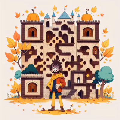 Zombie Kid Autumn Castle Cartoon QR Code for Invitations — image 1