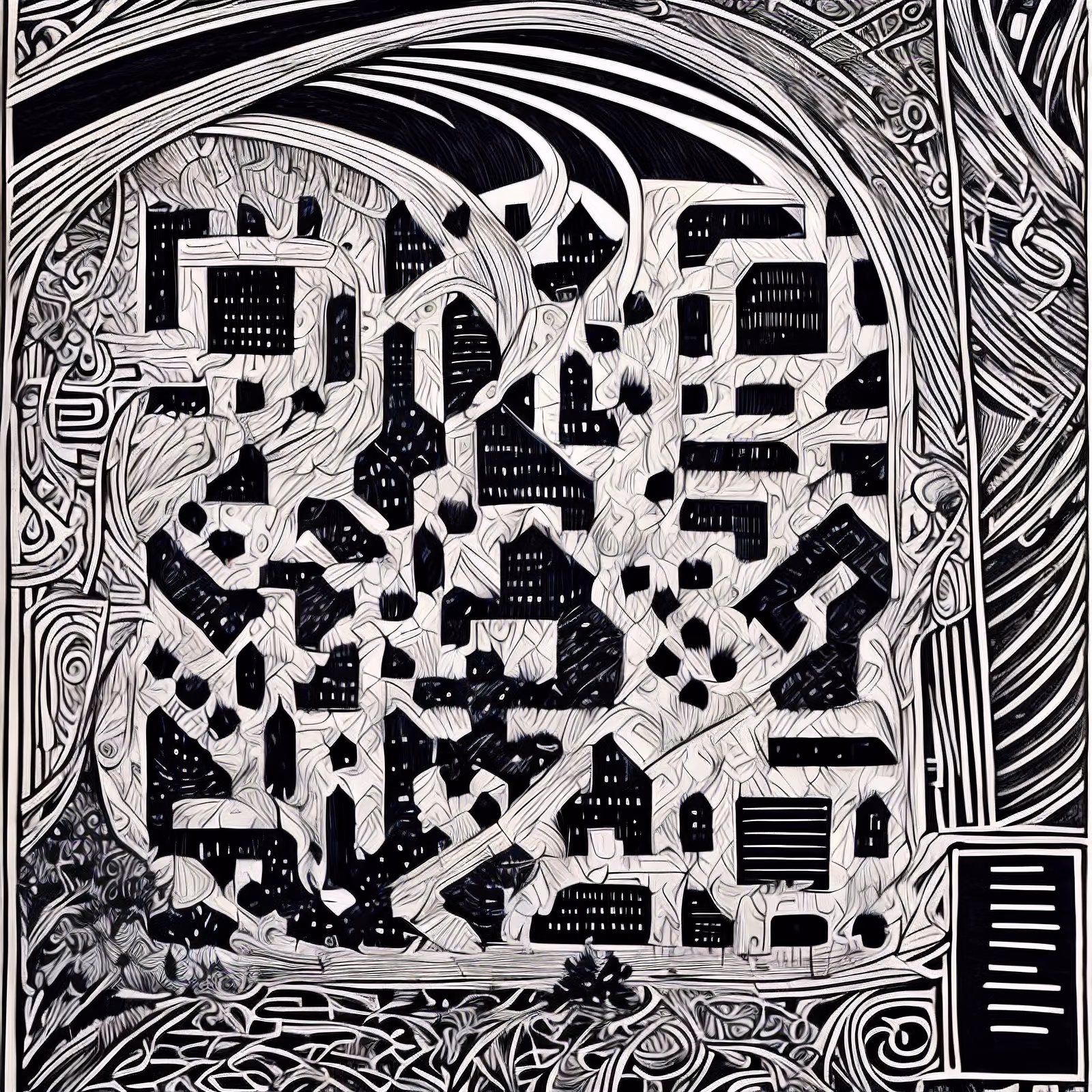 Zentangle City Woodcut QR Code Art — image 1