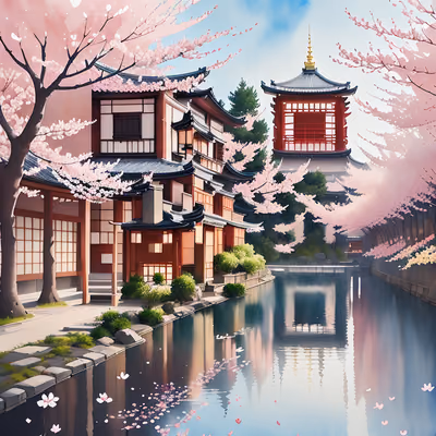 Kyoto Pagoda Cherry Blossom Watercolor QR Code for Posters — image 1