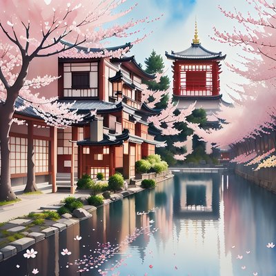 Kyoto Pagoda Cherry Blossom Watercolor QR Code for Posters