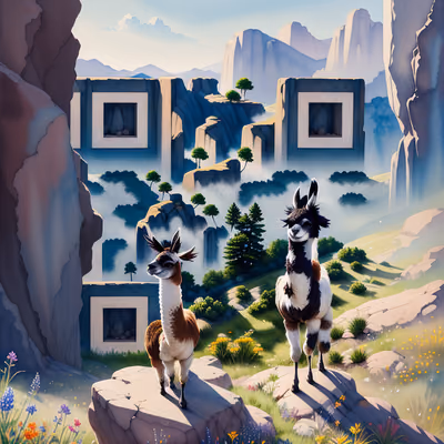 Llamas on Rocky Cliff Watercolor QR Code Art — image 1