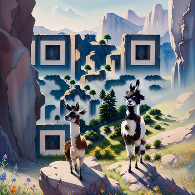 Llamas on Rocky Cliff Watercolor QR Code Art