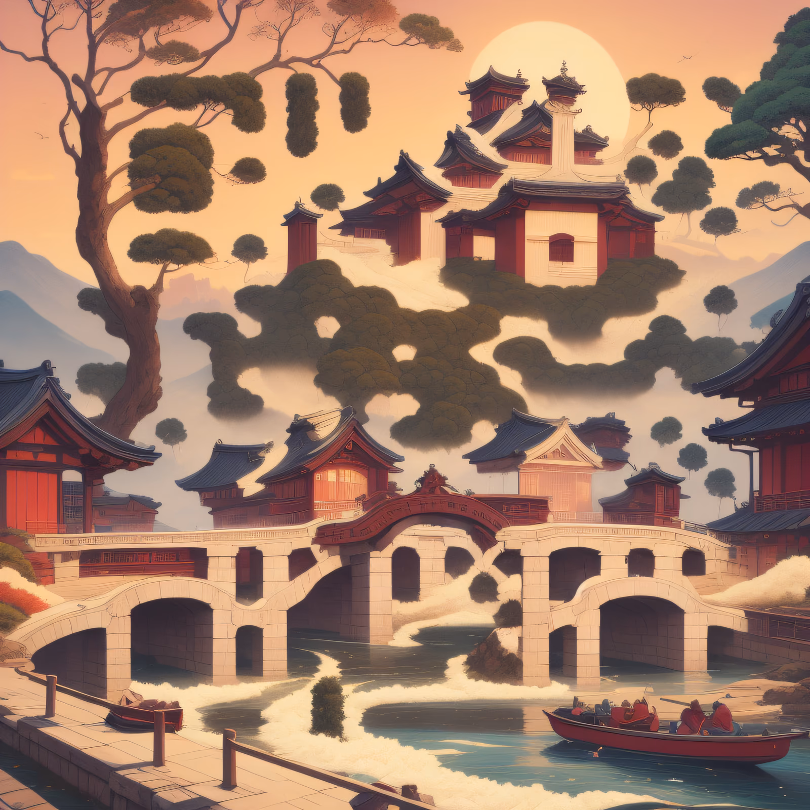 Riverside Pagoda Bridge Ukiyo-e QR Code Art — image 1