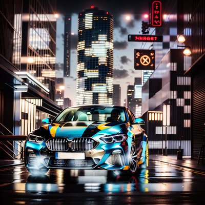 赛博朋克跑车夜城二维码艺术,适用于海报