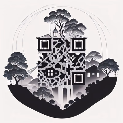 Treetop Village Ink Drawing QR Code Art — image 1