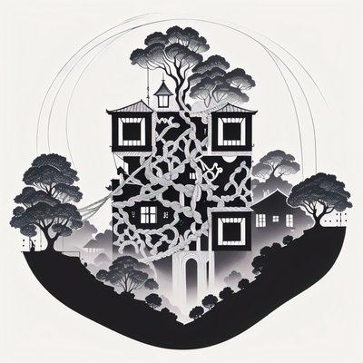 Treetop Village Ink Drawing QR Code Art
