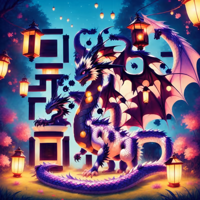 灯笼间的紫龙奇幻二维码艺术海报设计 — 图片 1
