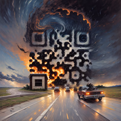 QR-код: погоня за торнадо по шоссе, масляная живопись для постеров — изображение 1