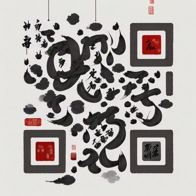 Китайская каллиграфия тушью кистью: QR-код с надписями