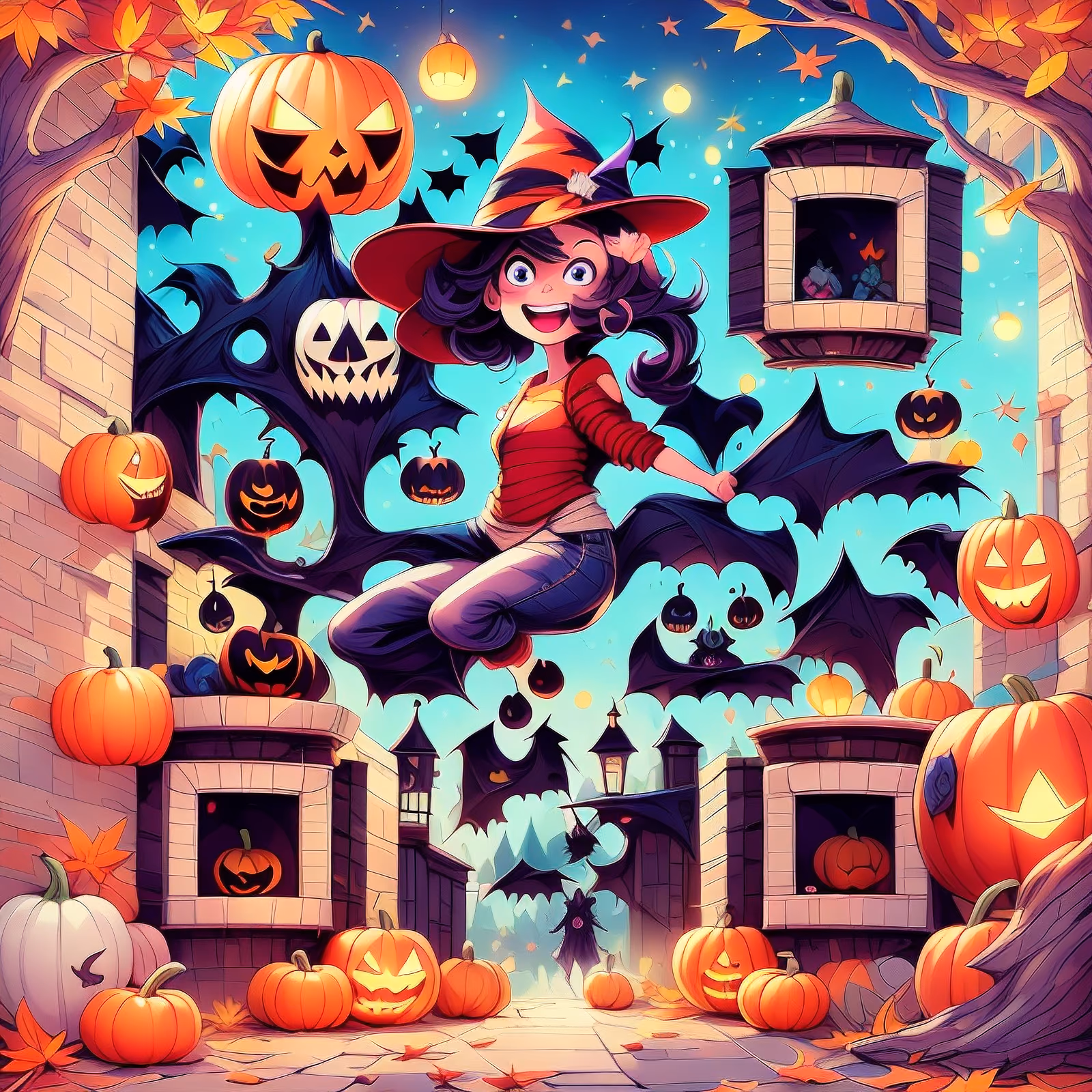 Cartoon Witch and Pumpkins Halloween Bat QR Code for Posters — image 1