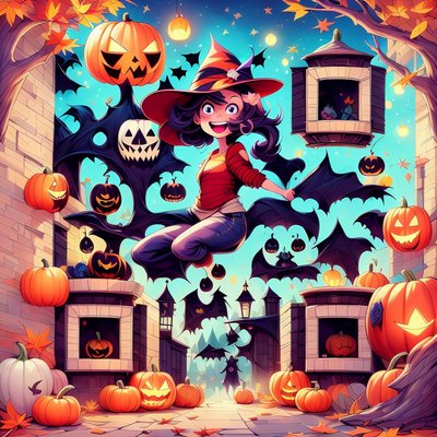 Cartoon Witch and Pumpkins Halloween Bat QR Code for Posters