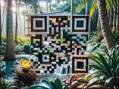 Jungle Cabin Waterfall Photorealistic QR Code for Posters