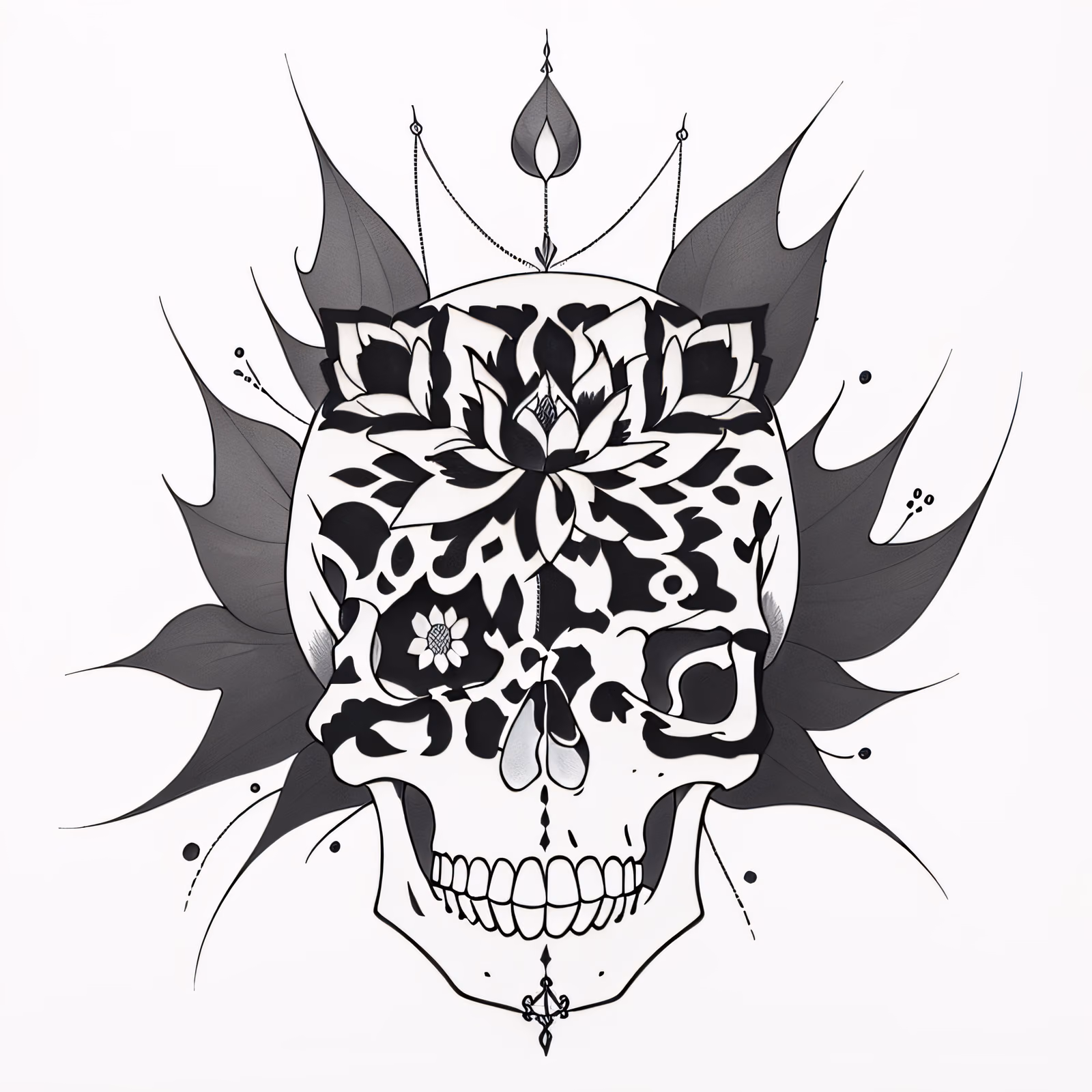 莲花骷髅墨线纹身二维码艺术,适用于临时纹身 — 图片 1