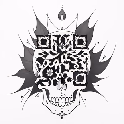 莲花骷髅墨线纹身二维码艺术,适用于临时纹身 — 图片 1