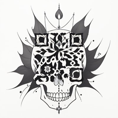 莲花骷髅墨线纹身二维码艺术,适用于临时纹身