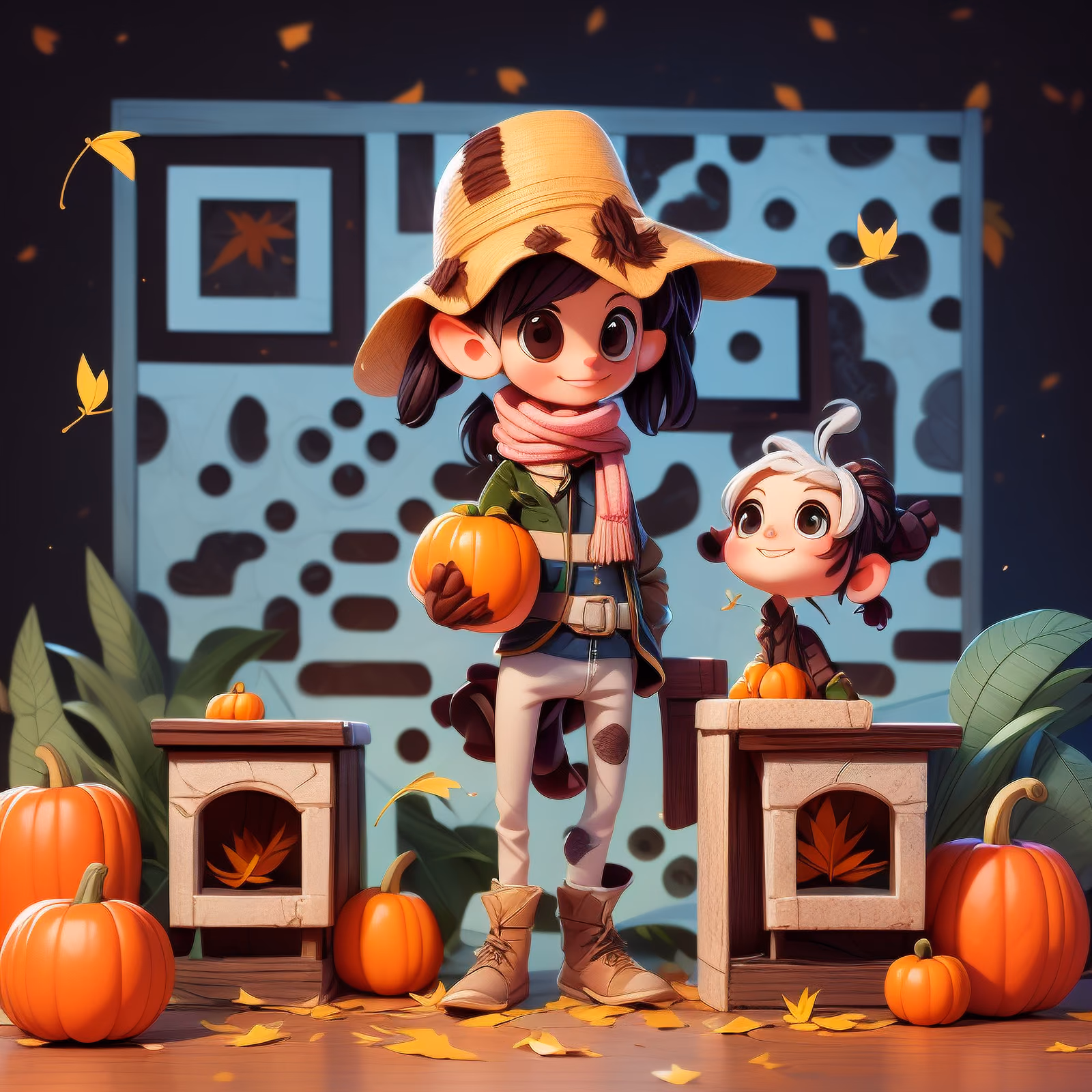 Scarecrow Kids Pumpkin Harvest 3D QR Code for Posters — image 1