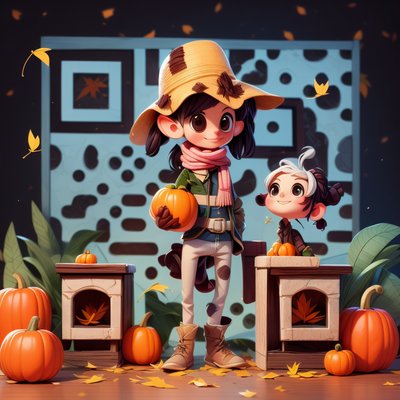 Scarecrow Kids Pumpkin Harvest 3D QR Code for Posters