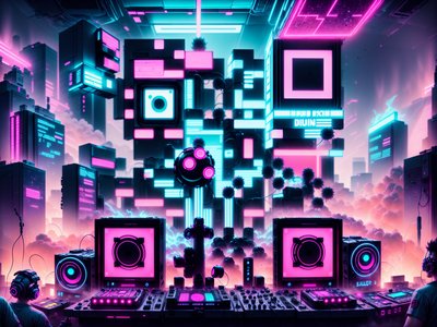 Neon DJ Booth Cyberpunk City QR Code for Posters