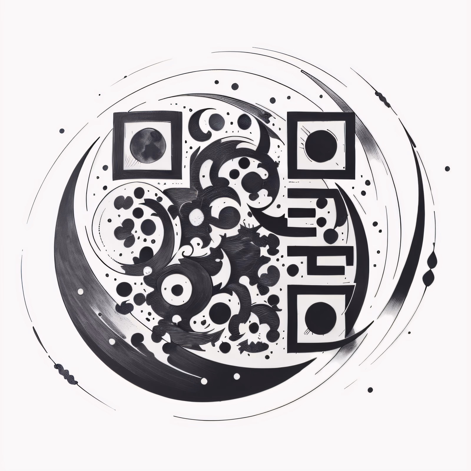 月相水墨纹身二维码艺术,适合临时纹身 — 图片 1