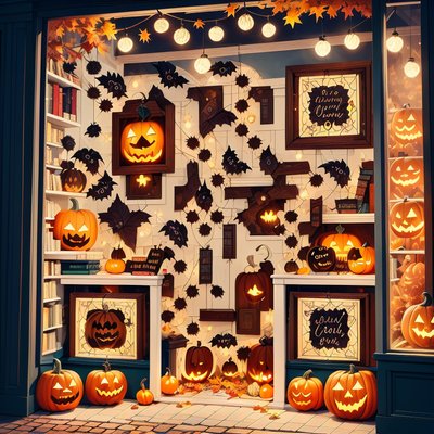Halloween Bookstore Window Illustration QR Code for Storefront Displays
