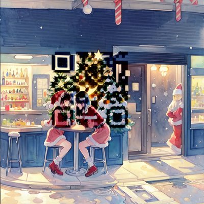Santa Bar Night Watercolor QR Code for Posters