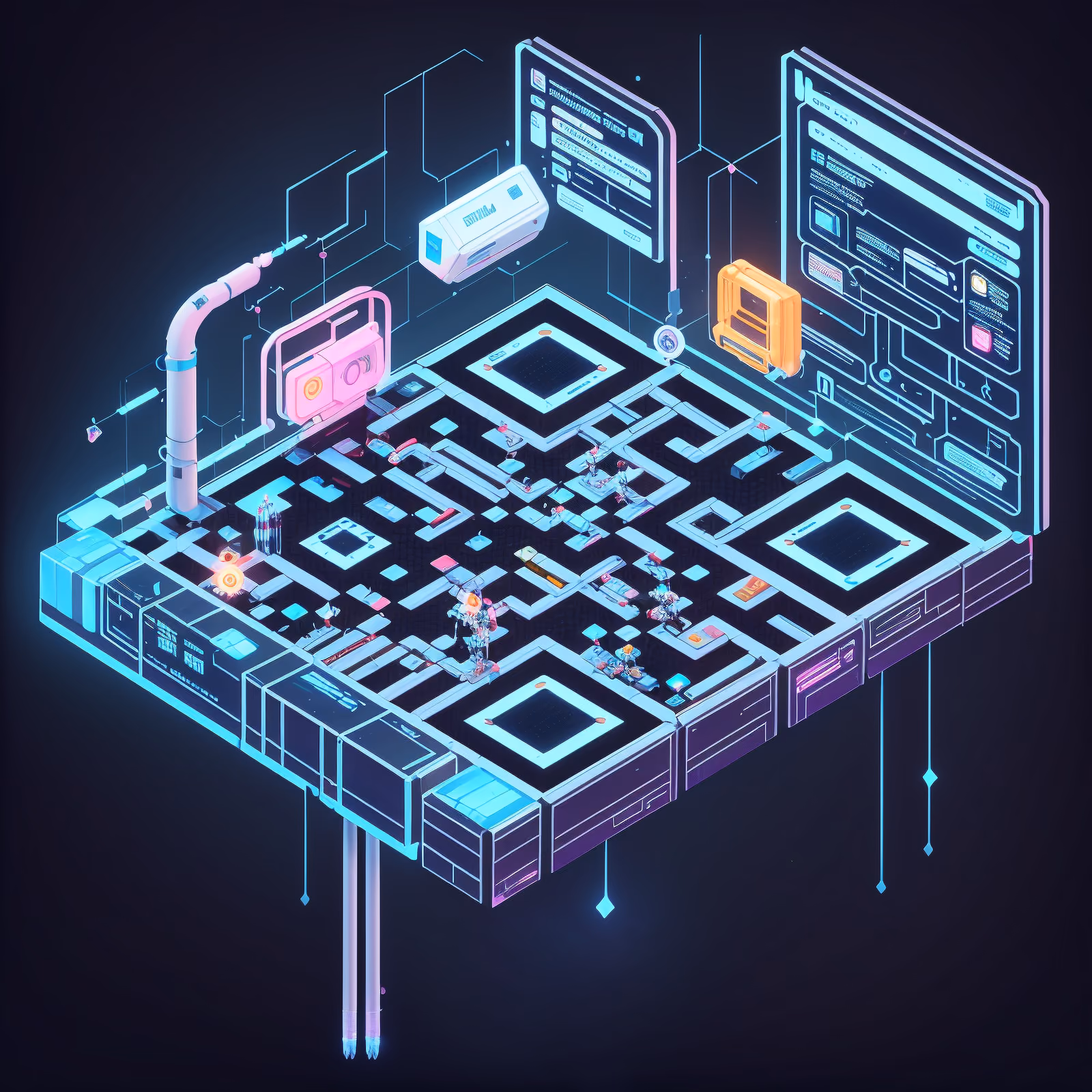 Изометрический научно-фантастический терминал, неоновый QR-код — изображение 1