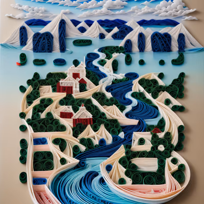 Quilled Mountain Village River QR Code Art — image 1