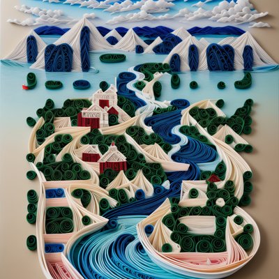 Quilled Mountain Village River QR Code Art