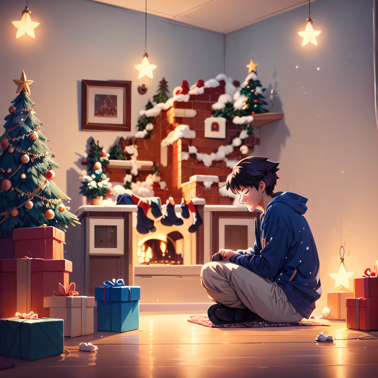 Boy by Christmas Tree Anime QR Code for Greeting Cards — image 1