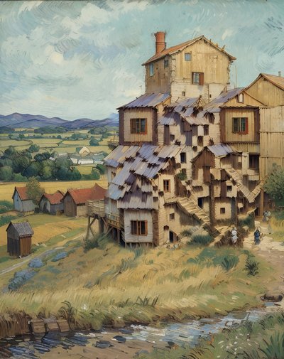 Rustic Wooden Mill Oil Painting QR Code Art