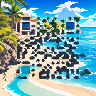 Tropical Beach Resort Cartoon QR Code for Posters — image 1
