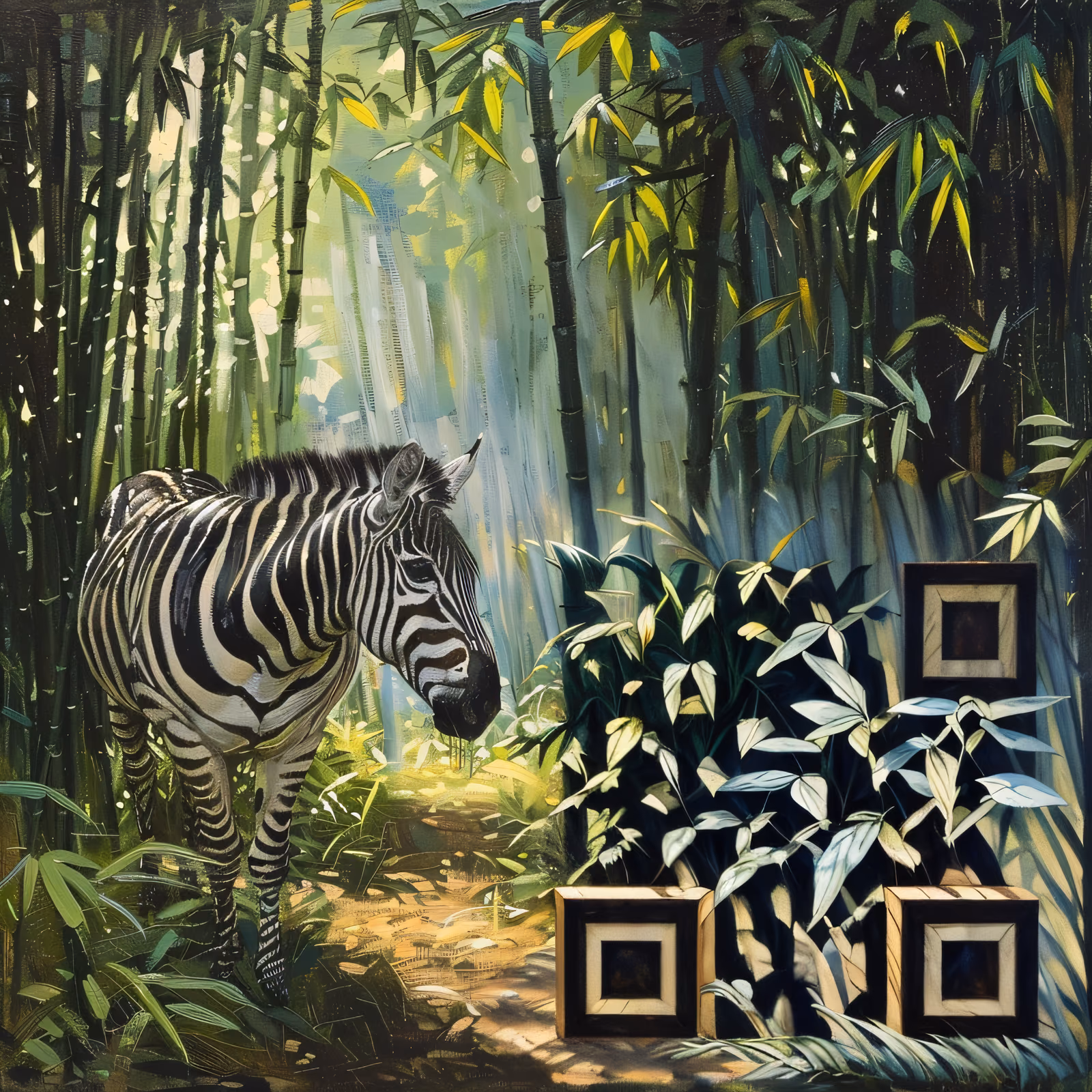 Zebra Bamboo Grove Oil Painting QR Code Art — image 1