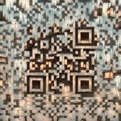Сюрреалистичные поставленные друг на друга дома: QR-код фэнтезийного города — изображение 1